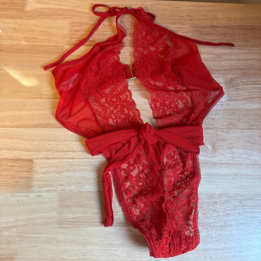 Luxurious Red Sheer Lace Teddy Bodysuit